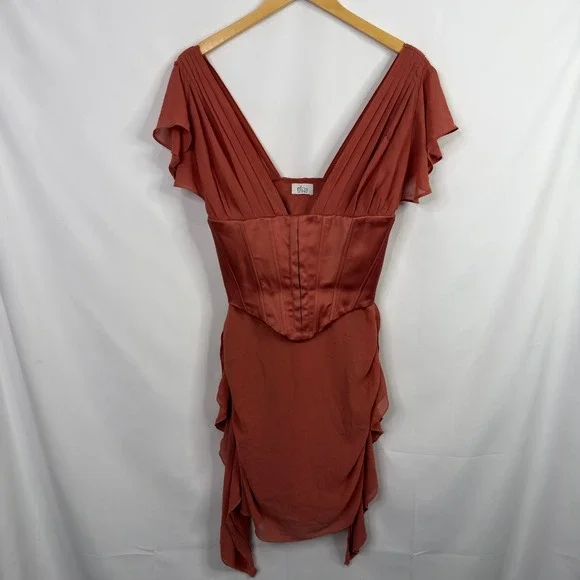 Oh Polly Cerise Draped Corset Zipper Terra-cotta V-Neck Mini Dress Size 6 - Picture 3 of 9